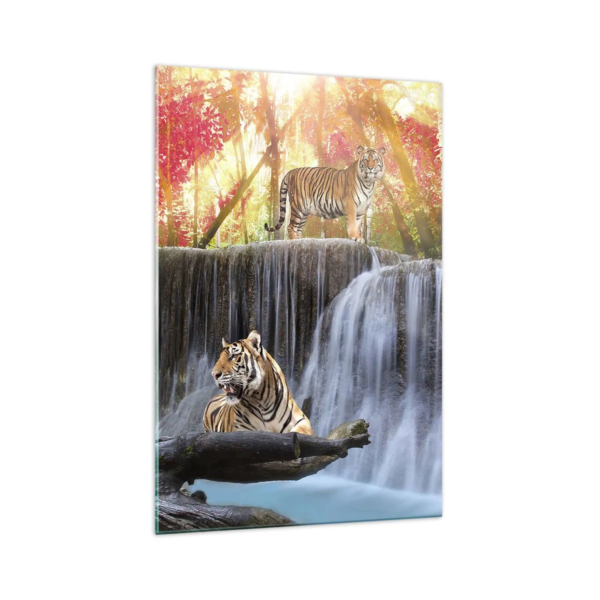 Impression sur verre - Image sur verre - Tigres près d'une cascade dans la forêt d'automne - 70x100cm - Paysage surréaliste - Décoration murale moderne pour le salon et la chambre ARTTOR