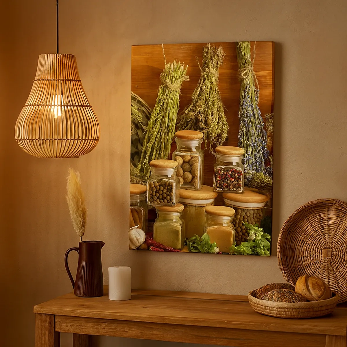 Impression sur toile - Image sur toile - Herbes et épices en pots sur fond rustique - 50x70cm - Sortilèges de cuisine - Décoration murale moderne pour le salon et la chambre ARTTOR