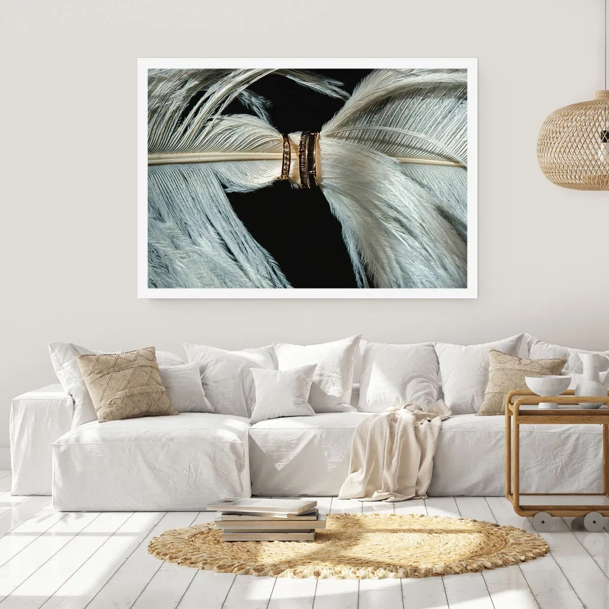 Affiche - Poster - Une plume blanche avec deux anneaux d'or sur fond noir - 100x70cm - ... et je ne te laisserai pas ... - Décoration murale moderne pour le salon et la chambre ARTTOR