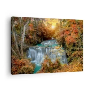 Impression sur toile - Image sur toile - Cascade d'automne entourée d'arbres colorés au soleil - 70x50cm - Trésor caché de la forêt - Décoration murale moderne pour le salon et la chambre ARTTOR