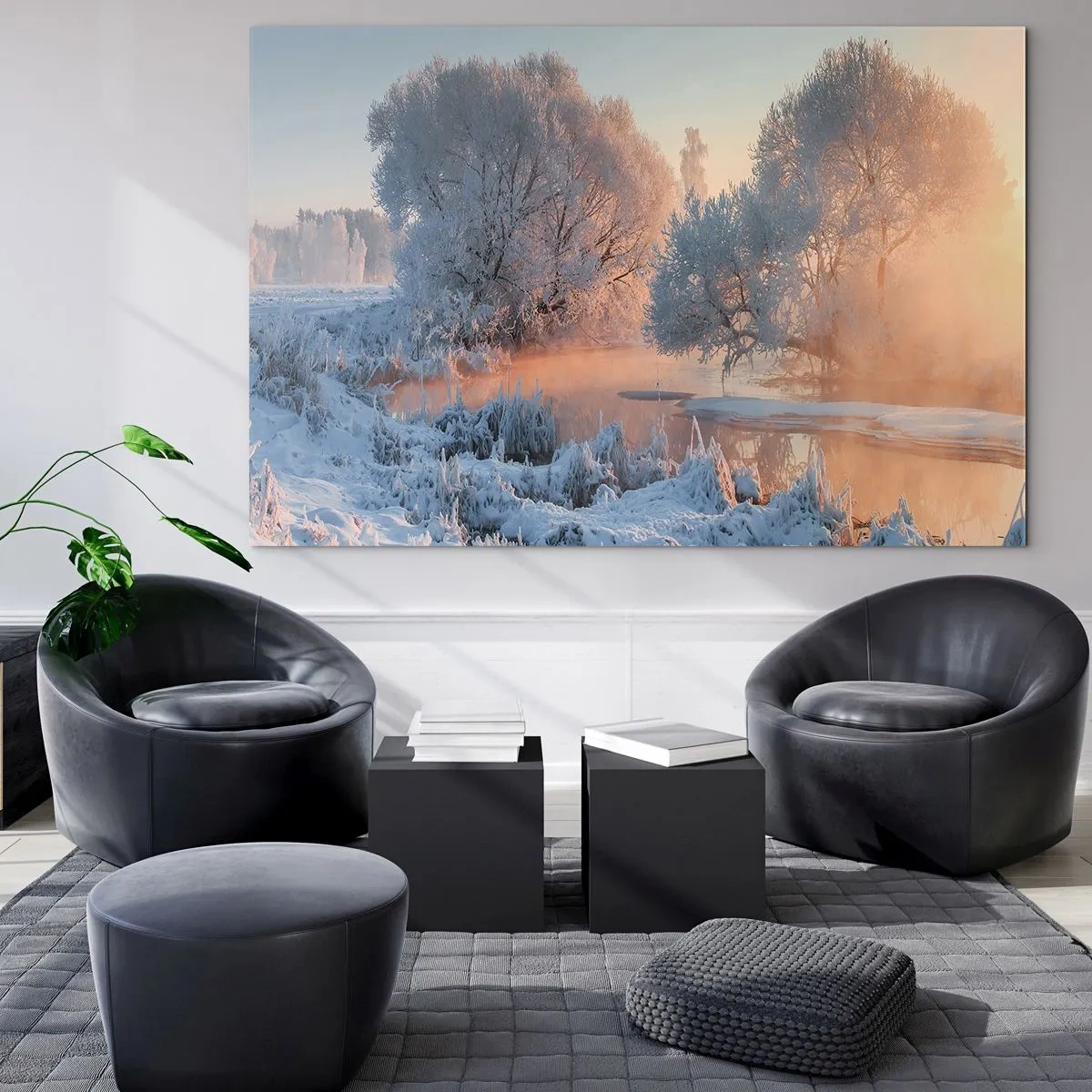 Impression sur verre - Image sur verre - Paysage d'hiver avec un lac gelé et un brouillard matinal - 70x50cm - Tout dans le soleil brille en cristal - Décoration murale moderne pour le salon et la chambre ARTTOR