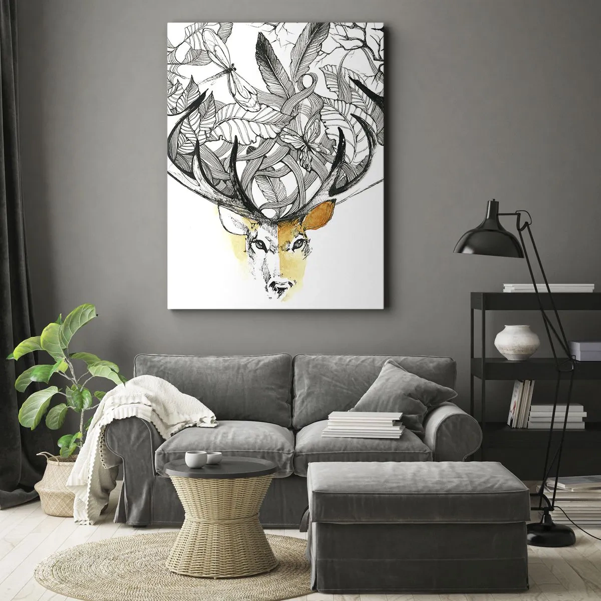Impression sur toile - Image sur toile - Motif subtil de cerf avec bois décoratifs - 70x100cm - Corne d'abondance - Décoration murale moderne pour le salon et la chambre ARTTOR