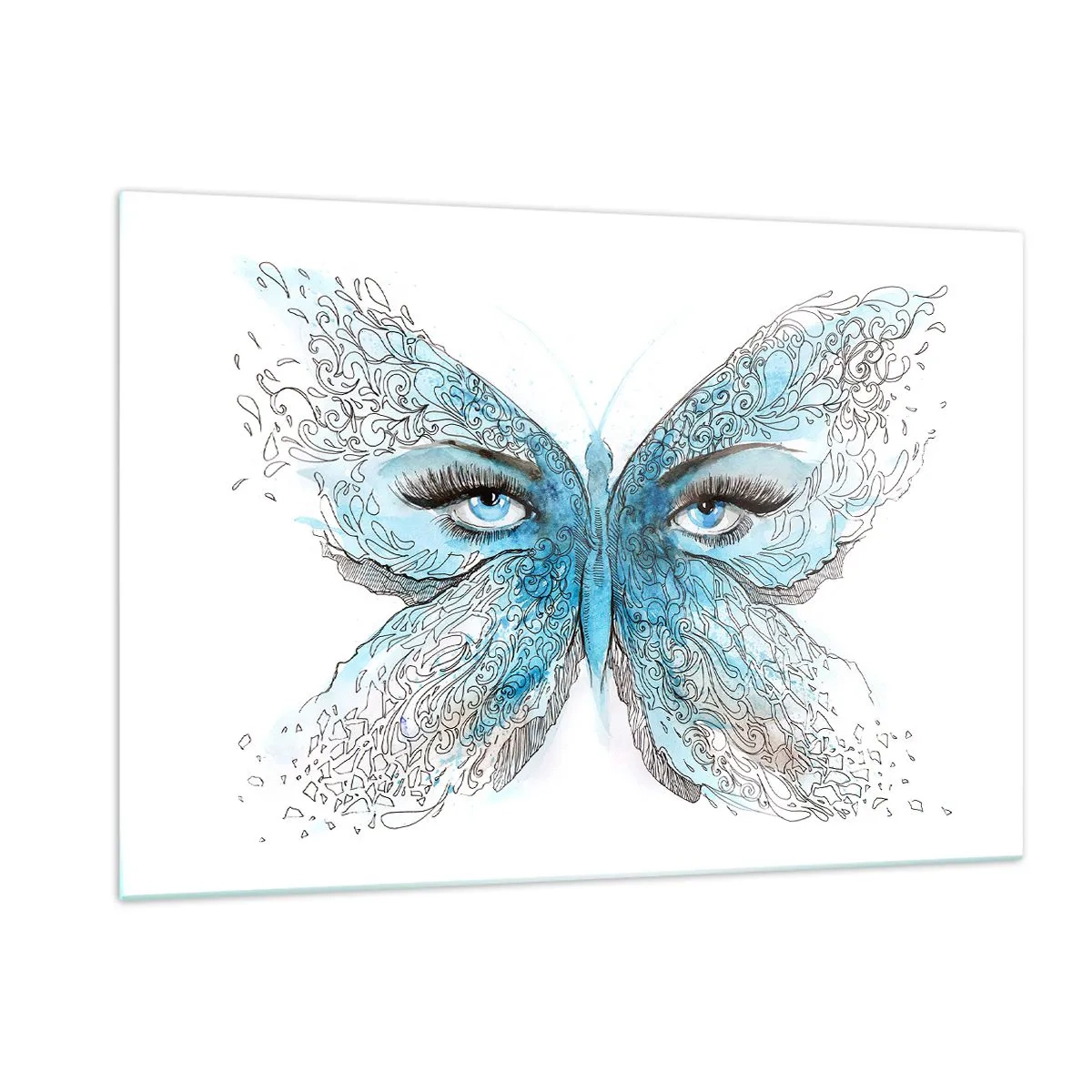 Impression sur verre - Image sur verre - Un papillon aux ailes bleues et aux yeux humains dans un style artistique. - 120x80cm - Mésange bleue Eros - Décoration murale moderne pour le salon et la chambre ARTTOR