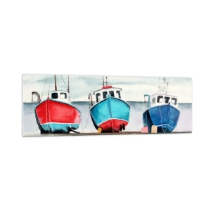Impression sur verre - Image sur verre - Bateaux de pêche colorés sur le rivage dans un paysage marin - 160x50cm - Prêt pour la pêche - Décoration murale moderne pour le salon et la chambre ARTTOR