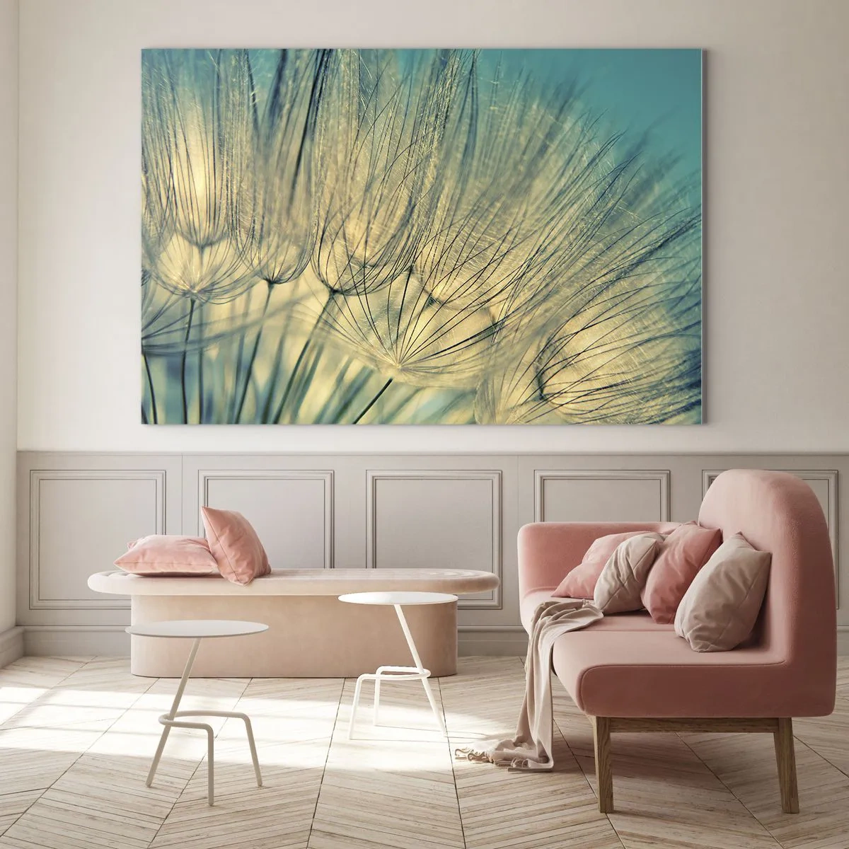 Impression sur verre - Image sur verre - Macrophotographie d'un pissenlit sur fond turquoise - 70x50cm - En attente du vent - Décoration murale moderne pour le salon et la chambre ARTTOR