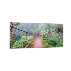 Impression sur verre - Image sur verre - Un pont suspendu dans une jungle tropicale entourée de brouillard - 120x50cm - Suspendu sur les couronnes - Décoration murale moderne pour le salon et la chambre ARTTOR