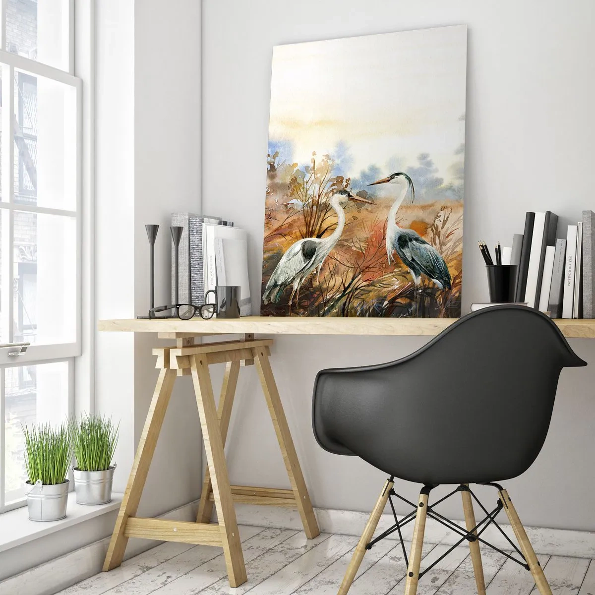 Impression sur verre - Image sur verre - Deux grues dans un paysage d'automne peint à l'aquarelle - 50x70cm - Jusqu'où en automne ? - Décoration murale moderne pour le salon et la chambre ARTTOR