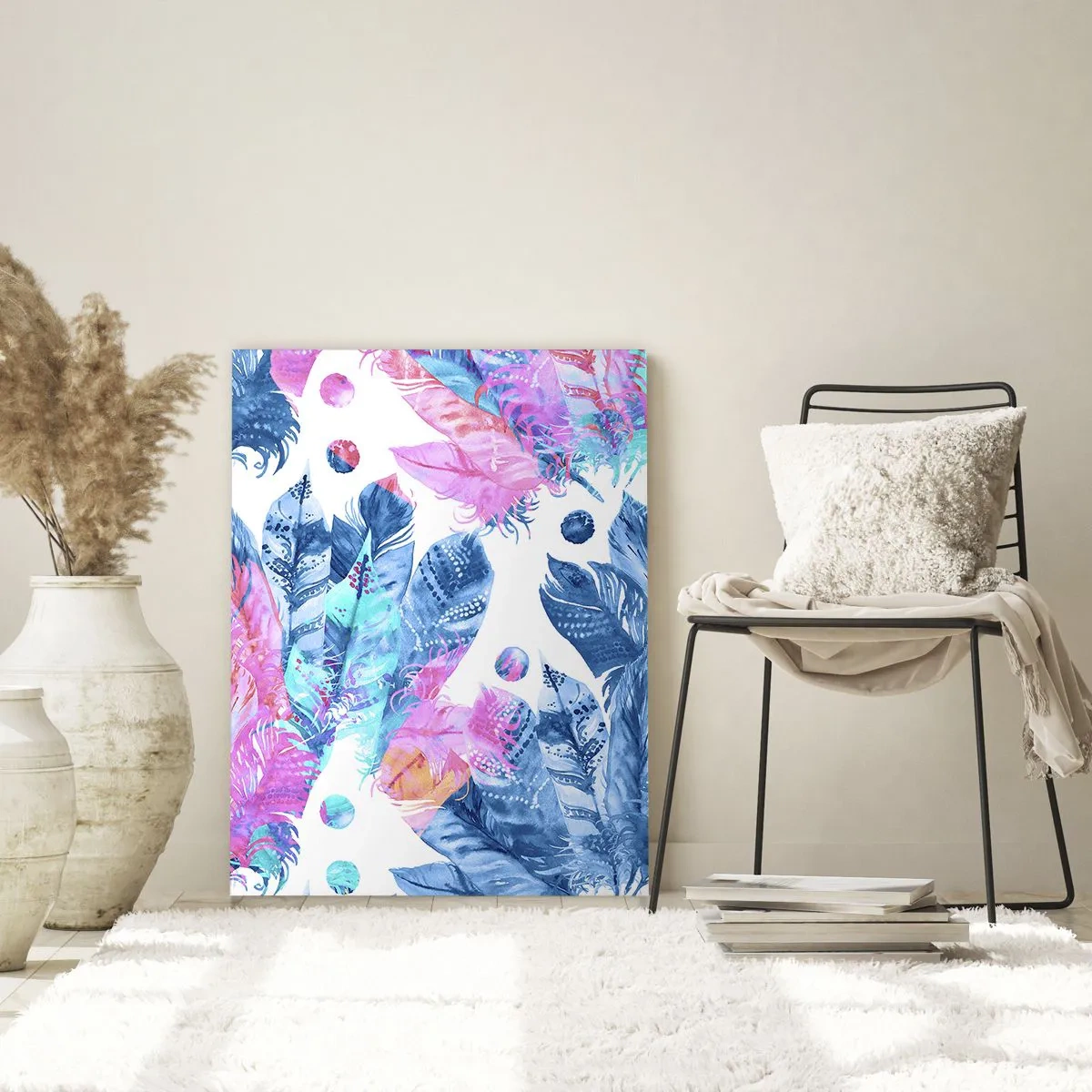Impression sur verre - Image sur verre - Plumes colorées dans des tons de rose et de bleu sur fond blanc - 50x70cm - Plumes en rose et bleu - Décoration murale moderne pour le salon et la chambre ARTTOR