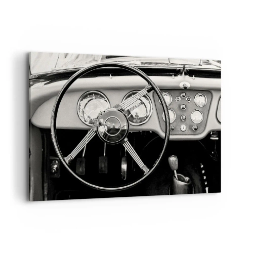 Impression sur toile - Image sur toile - Intérieur de voiture classique noir et blanc - 120x80cm - Rêve de collectionneur - Décoration murale moderne pour le salon et la chambre ARTTOR