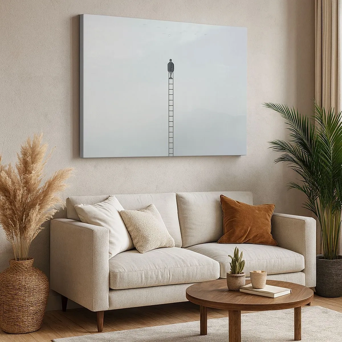 Impression sur toile - Image sur toile - Un homme sur une échelle s'élevant vers le ciel - 70x50cm - Se soulever au-dessus - Décoration murale moderne pour le salon et la chambre ARTTOR