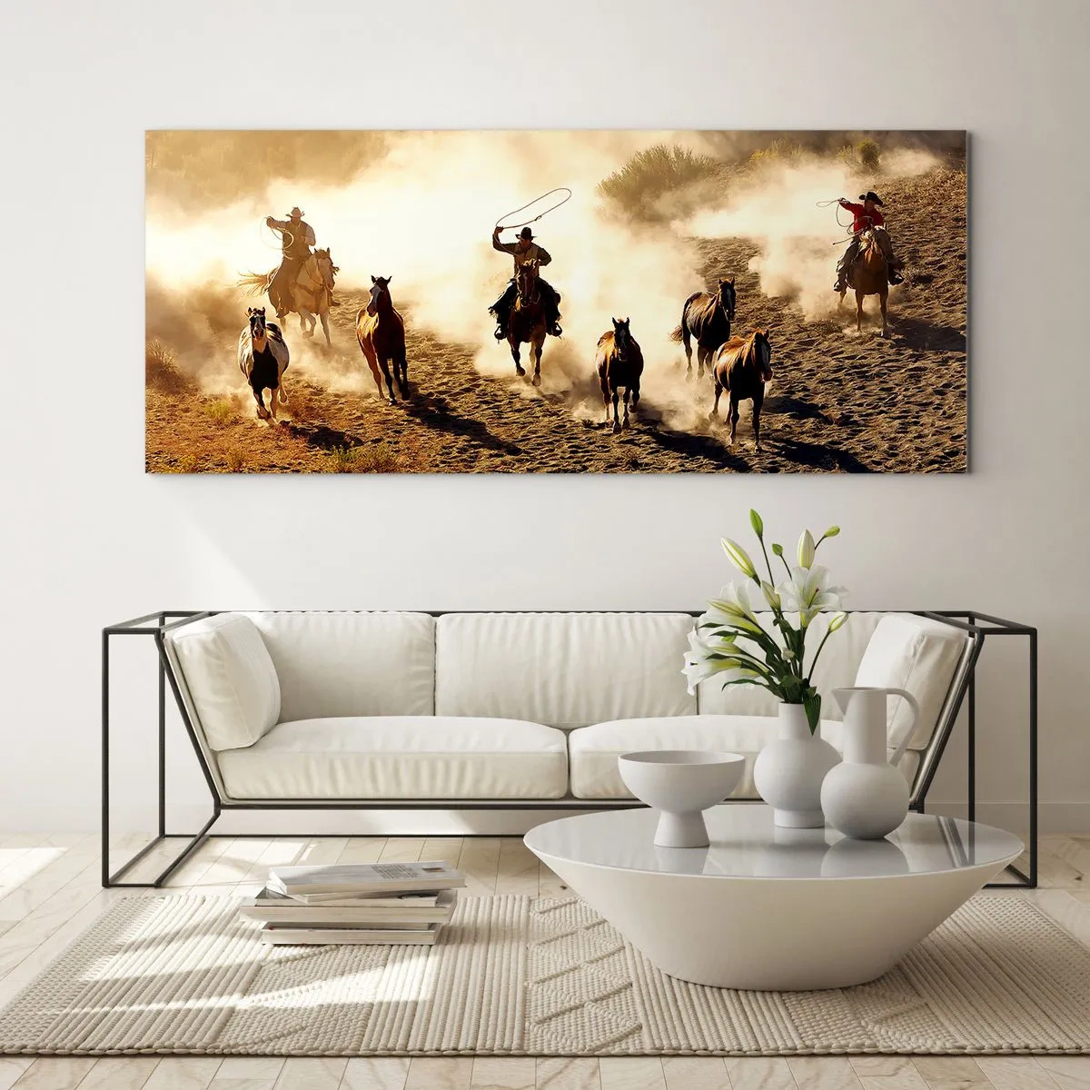 Impression sur verre - Image sur verre - Cowboys à cheval en action sur un terrain désertique - 160x50cm - L'ouest vraiment sauvage - Décoration murale moderne pour le salon et la chambre ARTTOR