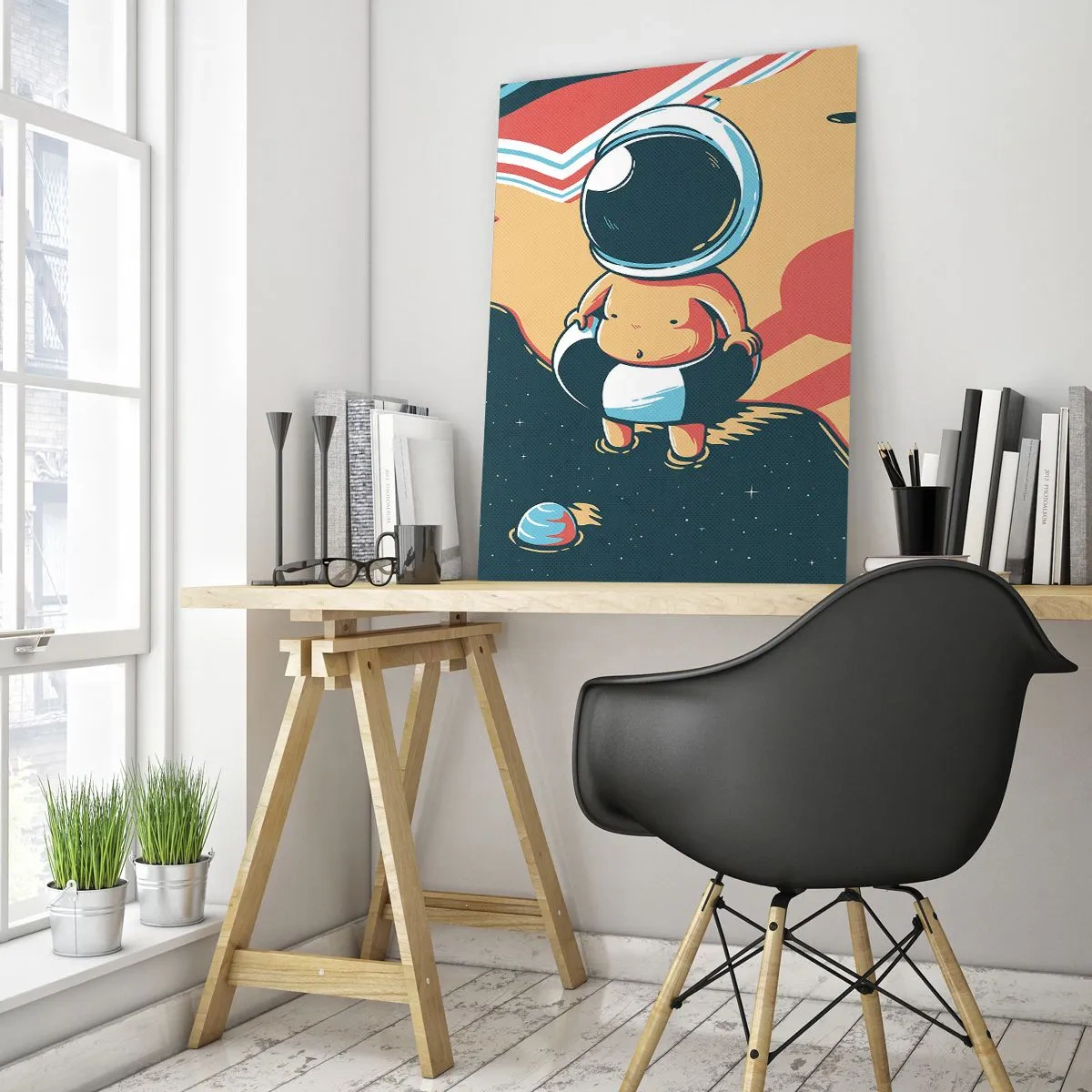 Impression sur verre - Image sur verre - Astronaute drôle sur la plage avec des éléments spatiaux en arrière-plan - 80x120cm - Suivant une autre perspective - Décoration murale moderne pour le salon et la chambre ARTTOR