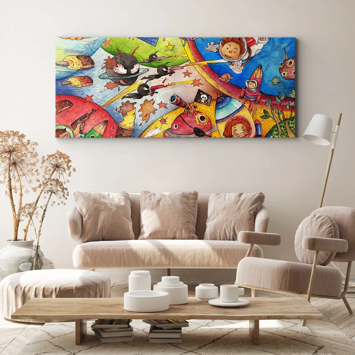 Impression sur toile - Image sur toile - Une scène spatiale colorée pleine d'enfants et de vaisseaux spatiaux - 140x50cm - Grande aventure spatiale - Décoration murale moderne pour le salon et la chambre ARTTOR