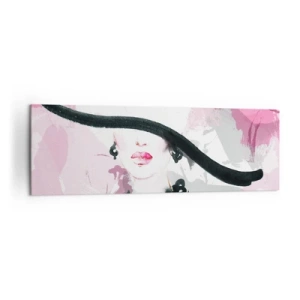Impression sur toile - Image sur toile - Une femme élégante avec un chapeau sur un fond d'abstractions roses. - 160x50cm - Portrait d'une dame en noir et rose - Décoration murale moderne pour le salon et la chambre ARTTOR