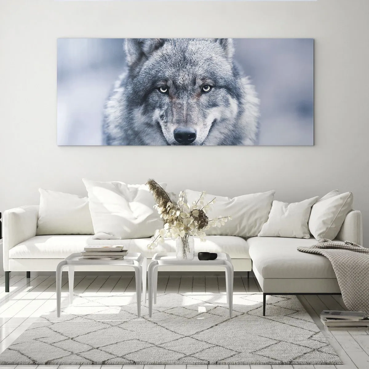 Impression sur verre - Image sur verre - Un loup au regard intense dans un paysage hivernal - 140x50cm - Relèverez-vous le défi ? - Décoration murale moderne pour le salon et la chambre ARTTOR
