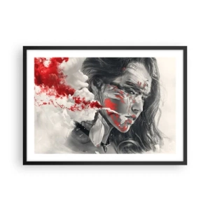 Affiche dans un cadre noir - Poster - Portrait artistique d'une femme aux accents rouges abstraits - 70x50cm - Dans les fumées de l'absurde - Décoration murale moderne pour le salon et la chambre ARTTOR