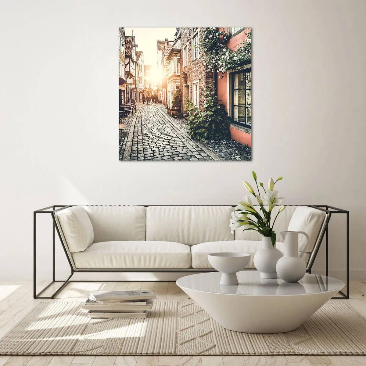 Impression sur verre - Image sur verre - Allée de roses en lueur rose - 60x60 cm