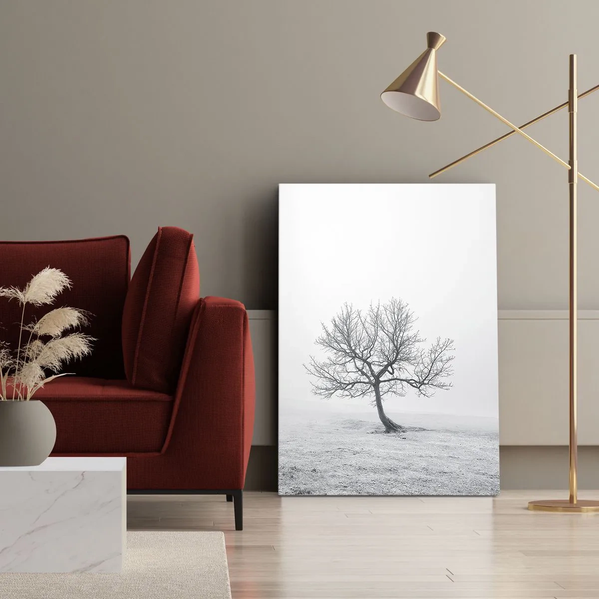 Impression sur toile - Image sur toile - Un arbre solitaire dans le brouillard hivernal dans un champ vide - 70x100cm - Contre le néant - Décoration murale moderne pour le salon et la chambre ARTTOR