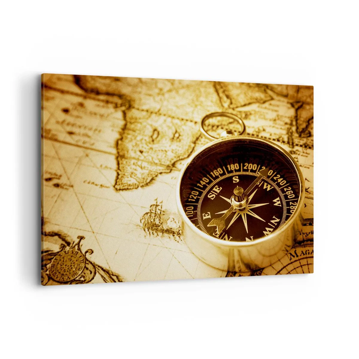 Impression sur toile - Image sur toile - Une boussole antique sur fond d'une vieille carte du monde - 120x80cm - Est ou ouest? - Décoration murale moderne pour le salon et la chambre ARTTOR