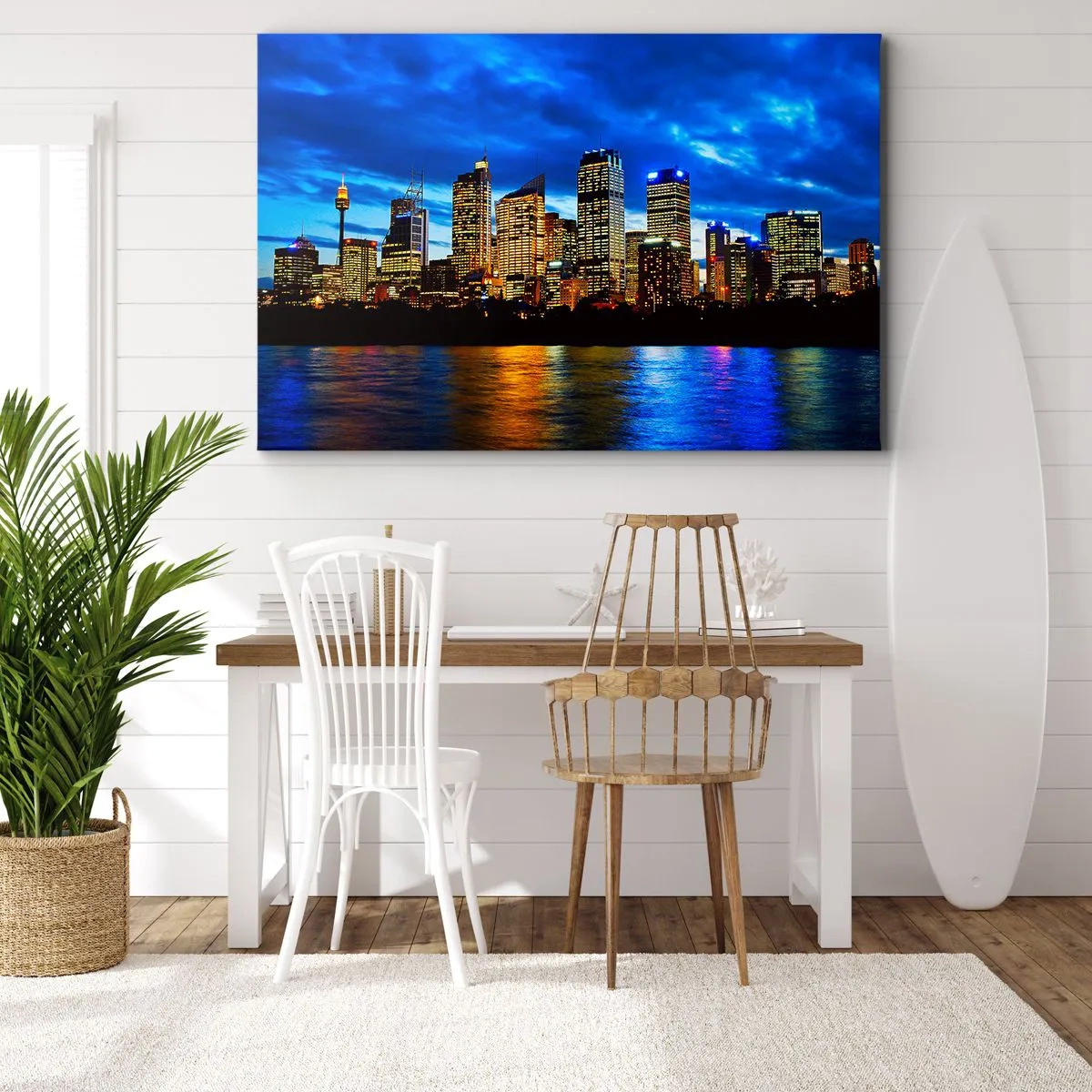 Impression sur toile - Image sur toile - Panorama de la ville nocturne avec des gratte-ciel illuminés au-dessus de l'eau - 100x70cm - Une nuit de lumières et de couleurs - Décoration murale moderne pour le salon et la chambre ARTTOR