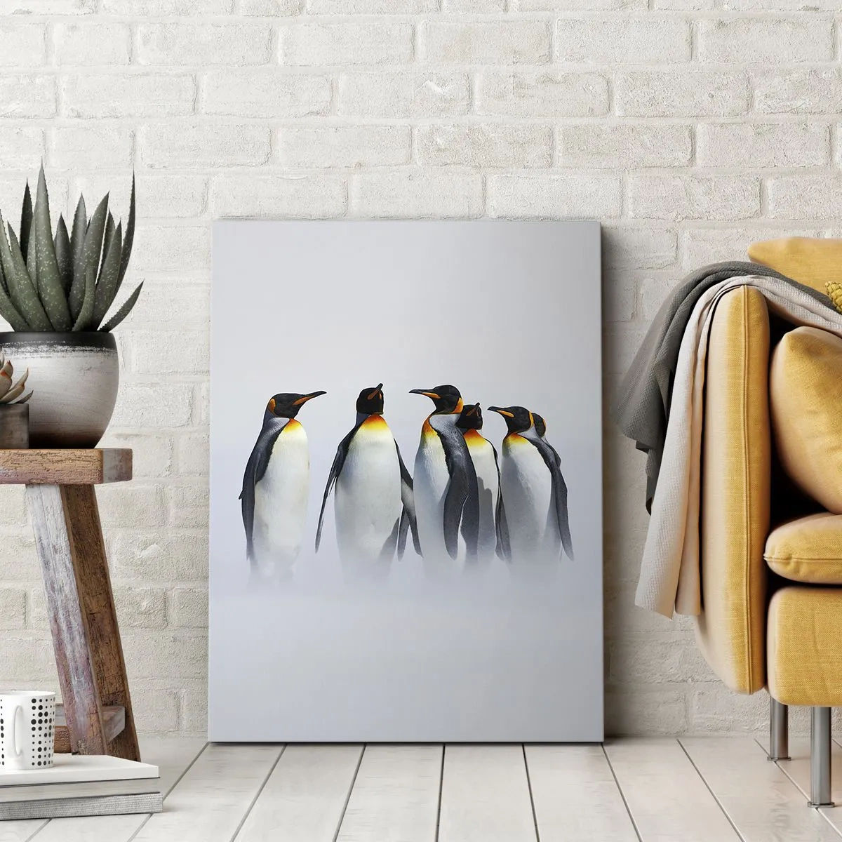 Impression sur toile - Image sur toile - Un groupe de manchots empereurs dans le brouillard hivernal - 50x70cm - Rencontre en robes de soirée - Décoration murale moderne pour le salon et la chambre ARTTOR