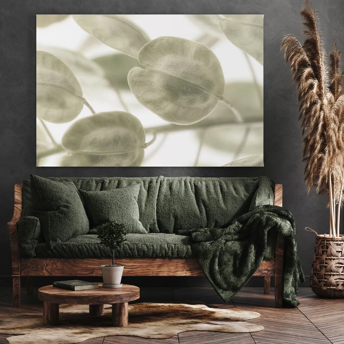 Impression sur toile - Image sur toile - Une peinture délicate de feuilles dans des tons pastel de vert sur un fond clair. - 120x80cm - Au commencement il y avait des feuilles... - Décoration murale moderne pour le salon et la chambre ARTTOR