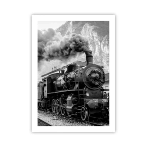 Affiche - Poster - Une locomotive à vapeur avec de la vapeur montante dans un décor montagneux - 50x70cm - Attend à la gare... - Décoration murale moderne pour le salon et la chambre ARTTOR