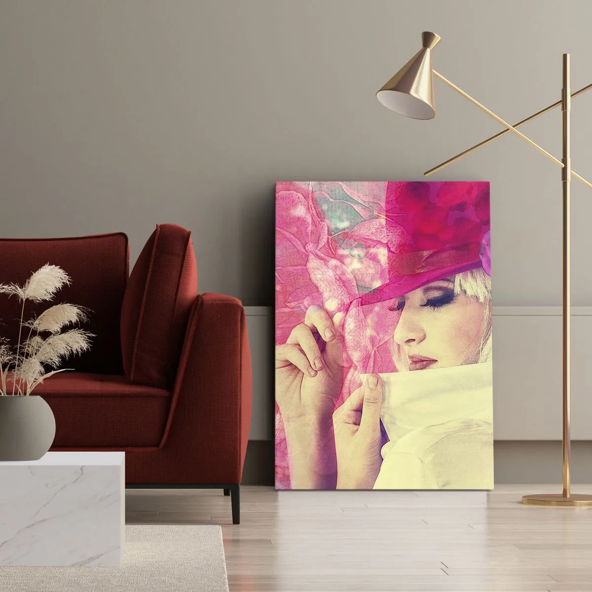 Impression sur toile - Image sur toile - Femme élégante avec un chapeau rose avec une fleur - 50x70cm - Portrait rétro dans une brume rose - Décoration murale moderne pour le salon et la chambre ARTTOR