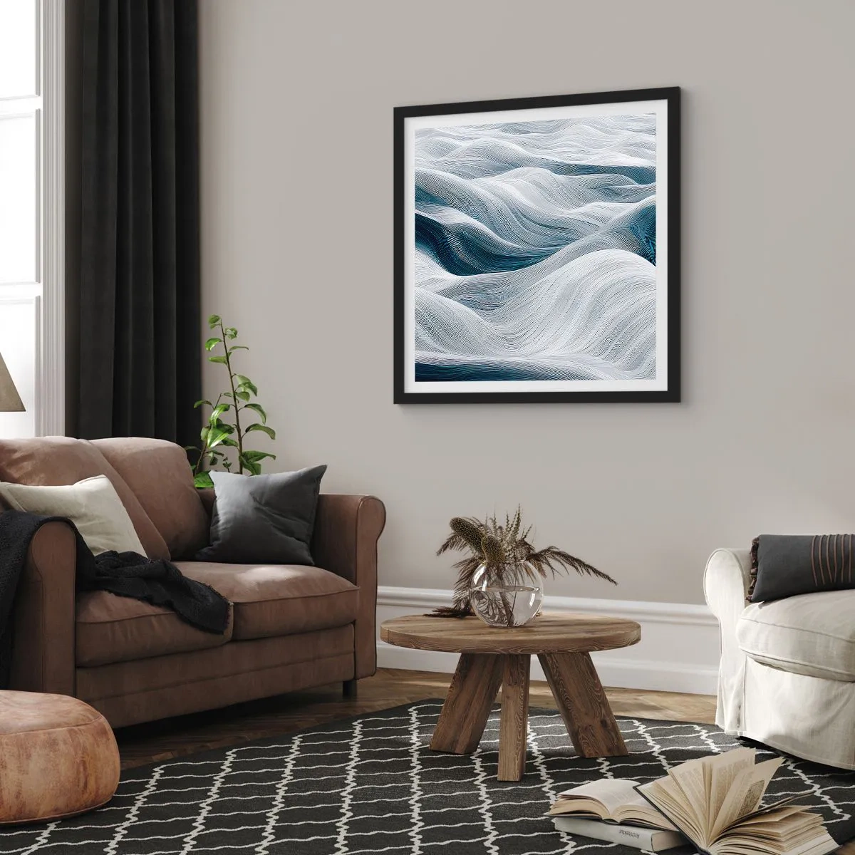 Affiche dans un cadre noir - Poster - Vagues blanches et bleues - 30x30 cm
