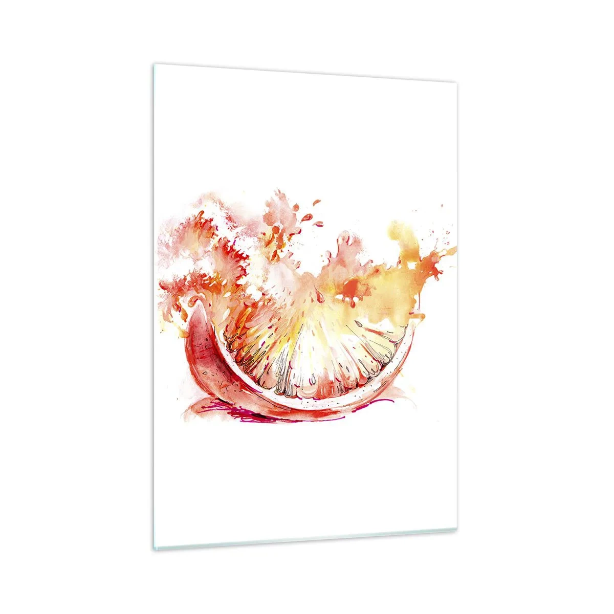 Impression sur verre - Image sur verre - Aquarelle représentant un segment de pamplemousse juteux en mouvement - 50x70cm - Détente juteuse - Décoration murale moderne pour le salon et la chambre ARTTOR