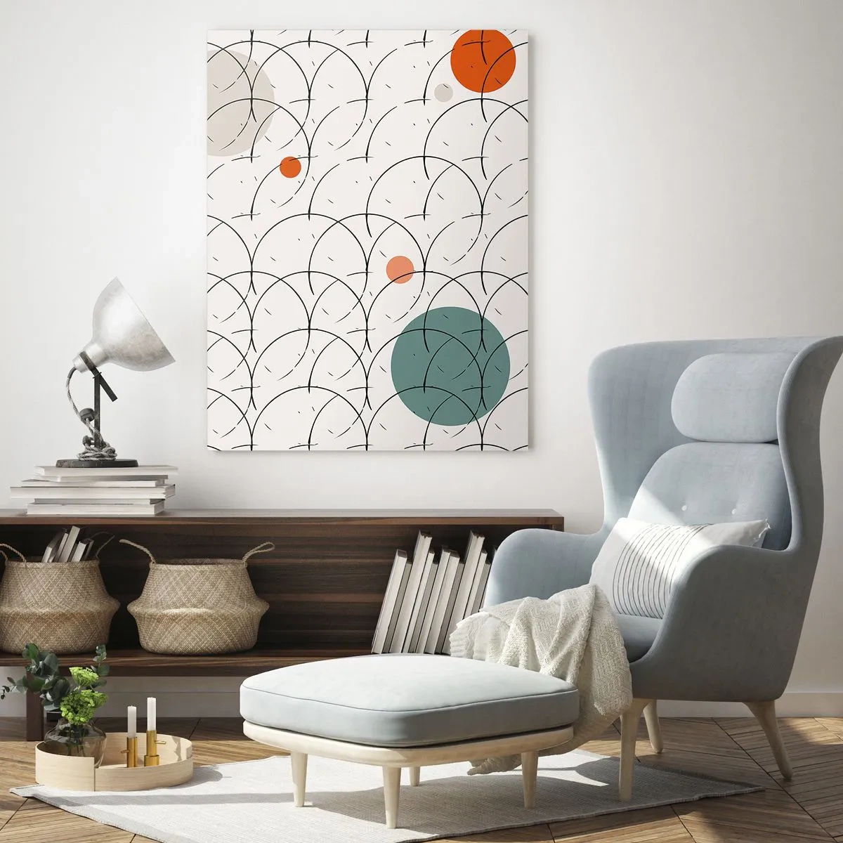 Impression sur verre - Image sur verre - Cercles colorés et lignes noires sur fond clair dans un style pop art. - 50x70cm - Dans l'esprit pop art - Décoration murale moderne pour le salon et la chambre ARTTOR