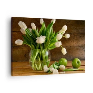 Impression sur toile - Image sur toile - Un bouquet de tulipes blanches dans un vase en verre avec des pommes vertes - 70x50cm - Juteux et frais en vert et blanc - Décoration murale moderne pour le salon et la chambre ARTTOR