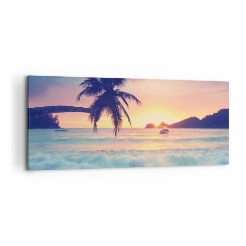 Impression sur toile - Image sur toile - Plage avec un palmier et un coucher de soleil sur l'océan - 120x50cm - Une soirée à la baie - Décoration murale moderne pour le salon et la chambre ARTTOR