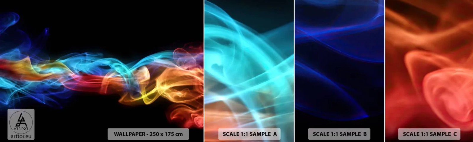 Échantillon De Papier Peint Standard Eco - Danse arc-en-ciel du brouillard - Abstraction, Graphique, Flammes colorées - 100x30 cm