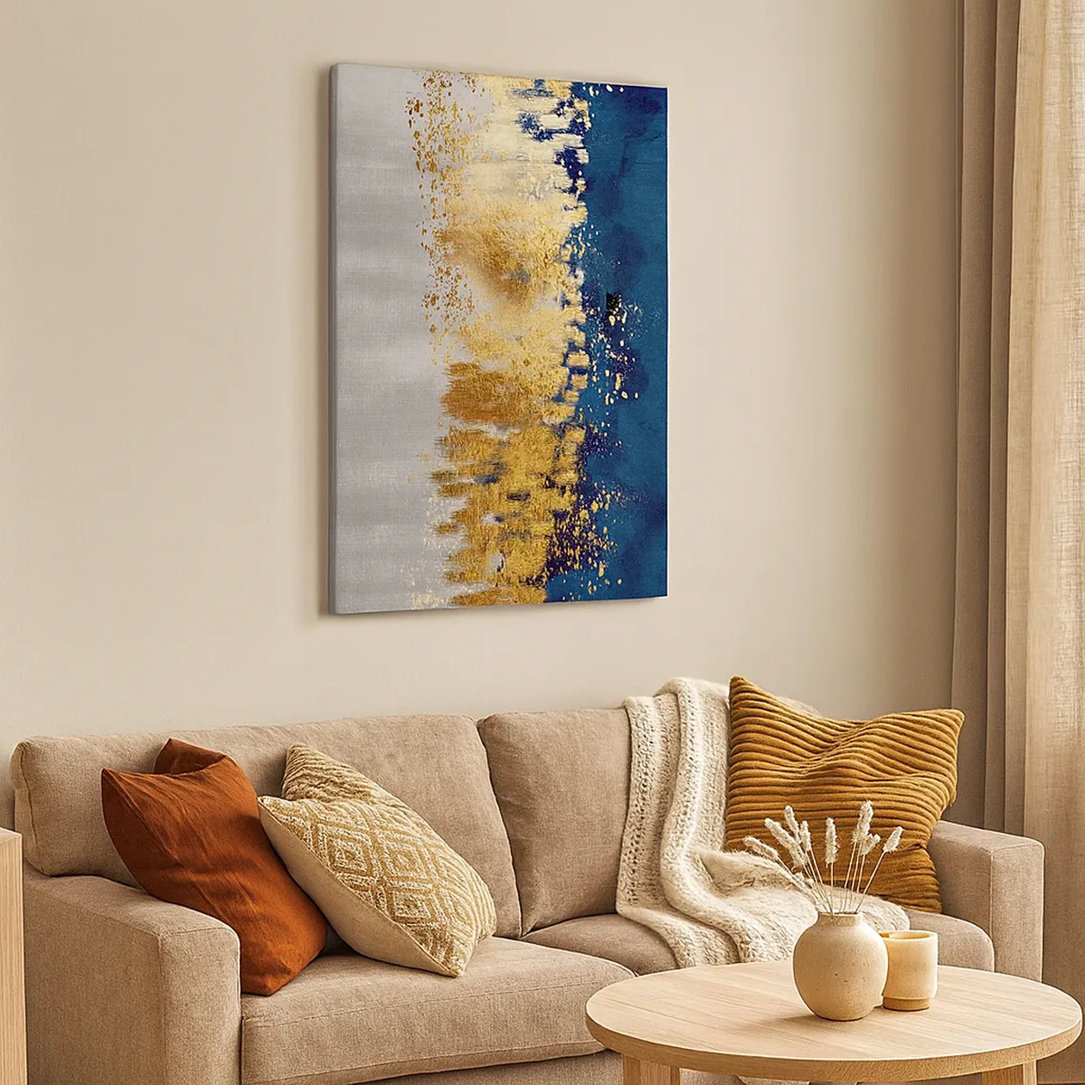 Impression sur toile - Image sur toile - Une composition abstraite dans des tons d'or et de bleu marine. - 50x70cm - Une composition moderne et pétillante - Décoration murale moderne pour le salon et la chambre ARTTOR