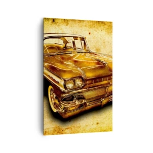 Impression sur toile - Image sur toile - Une voiture rétro classique dorée sur un fond vintage avec un effet vieilli. - 80x120cm - La beauté éternelle des classiques - Décoration murale moderne pour le salon et la chambre ARTTOR