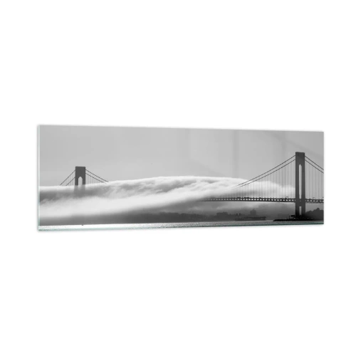 Impression sur verre - Image sur verre - Un pont sur l'eau enveloppé de brouillard dans une photo en noir et blanc - 160x50cm - Naviguez à travers les Portes des Étoiles - Décoration murale moderne pour le salon et la chambre ARTTOR