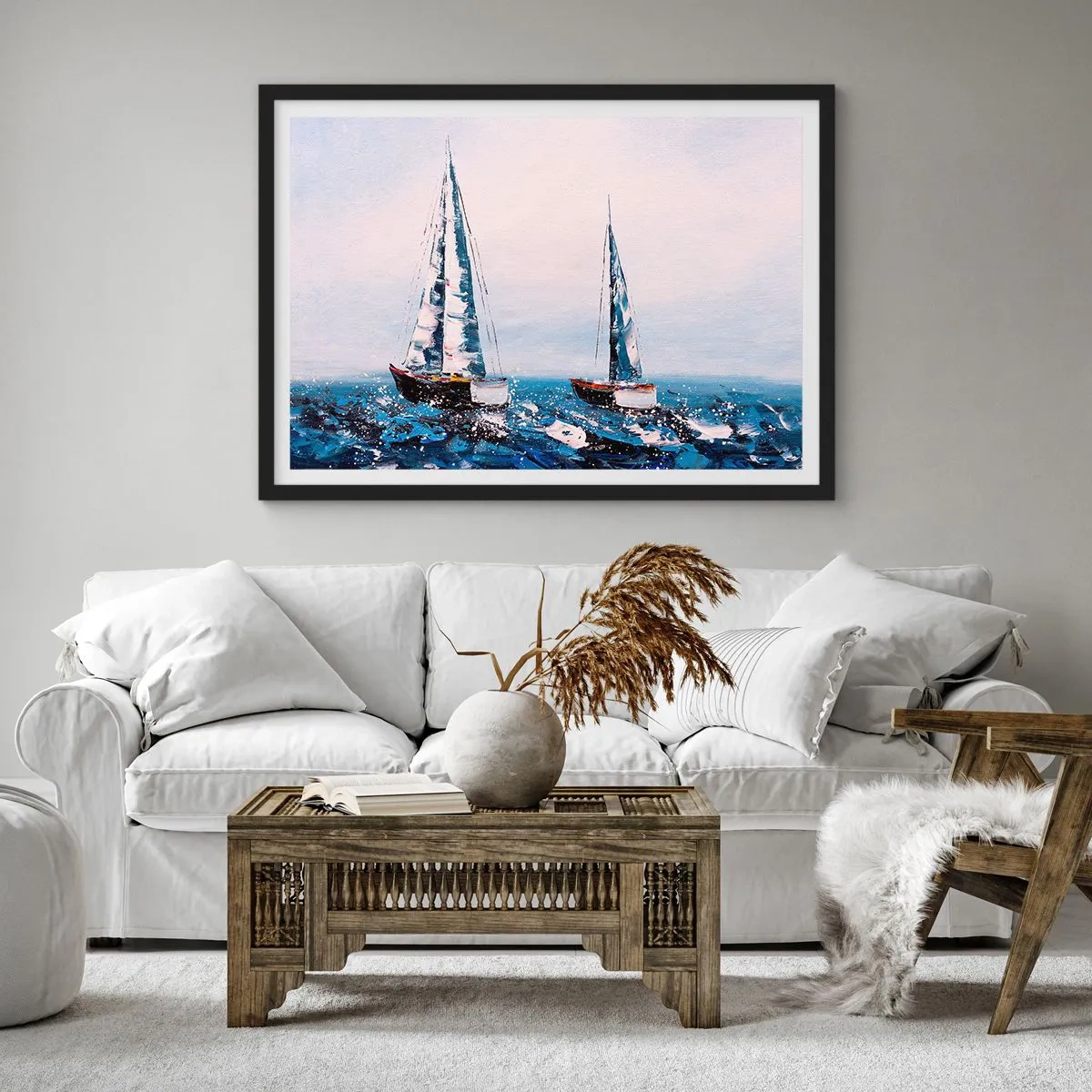 Affiche dans un cadre noir - Poster - Voiliers sur une mer agitée dans une composition picturale - 70x50cm - Confrérie du vent - Décoration murale moderne pour le salon et la chambre ARTTOR