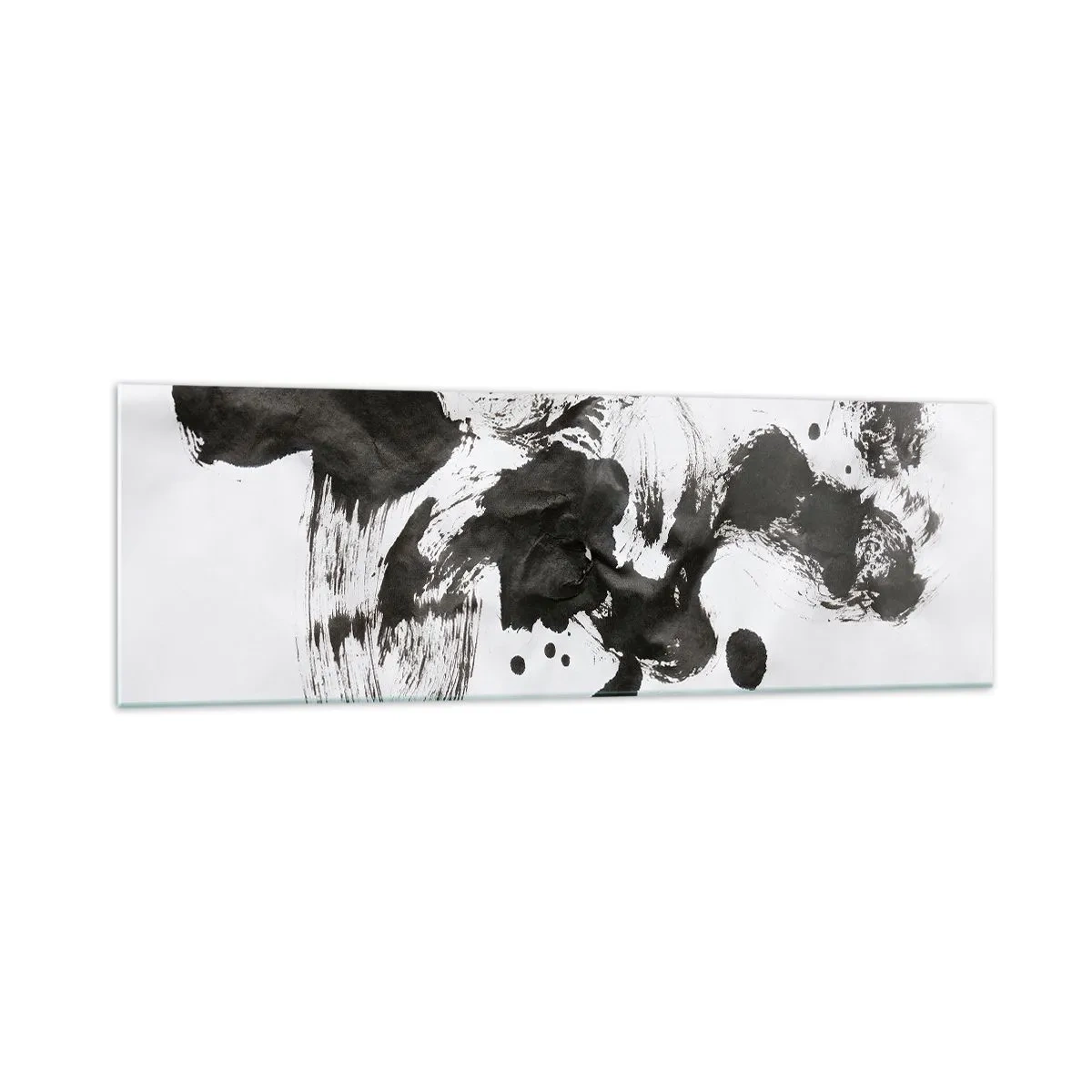 Impression sur verre - Image sur verre - Composition abstraite de taches noires sur fond blanc - 160x50cm - De la méthode dans la folie ? - Décoration murale moderne pour le salon et la chambre ARTTOR