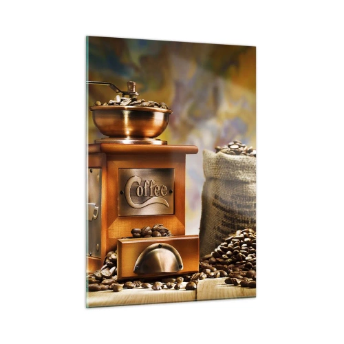 Impression sur verre - Image sur verre - Moulin à café, grains et une tasse sur une table en bois - 50x70cm - Le craquement des grains, le cliquetis d'un moulin - Décoration murale moderne pour le salon et la chambre ARTTOR
