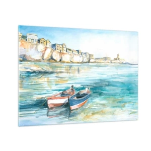 Impression sur verre - Image sur verre - Une baie aigue-marine avec des bateaux et des bâtiments sur la falaise - 70x50cm - Paysage dans l'azur - Décoration murale moderne pour le salon et la chambre ARTTOR