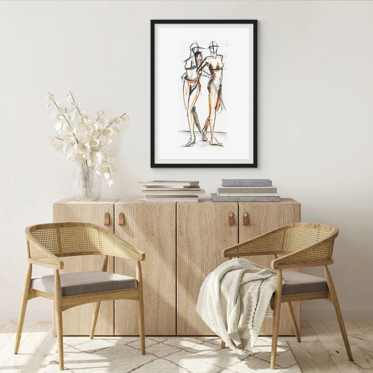Affiche dans un cadre noir - Poster - Esquisse abstraite de deux personnages aux couleurs chaudes. - 50x70cm - Étude de la grâce - Décoration murale moderne pour le salon et la chambre ARTTOR