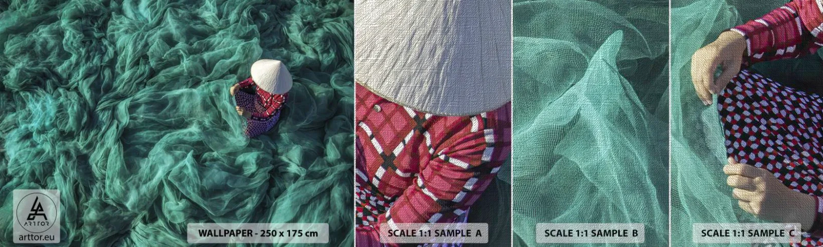 Échantillon de Papier Peint Premium Canvas - Dans une mer de filet - Filet de pêche, Femme, Viêt Nam - 100x30 cm