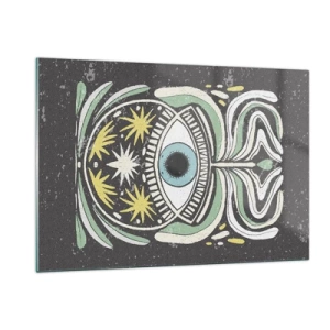 Impression sur verre - Image sur verre - Œil graphique avec ornementation tribale sur fond sombre - 120x80cm - Rituels tribaux - Décoration murale moderne pour le salon et la chambre ARTTOR