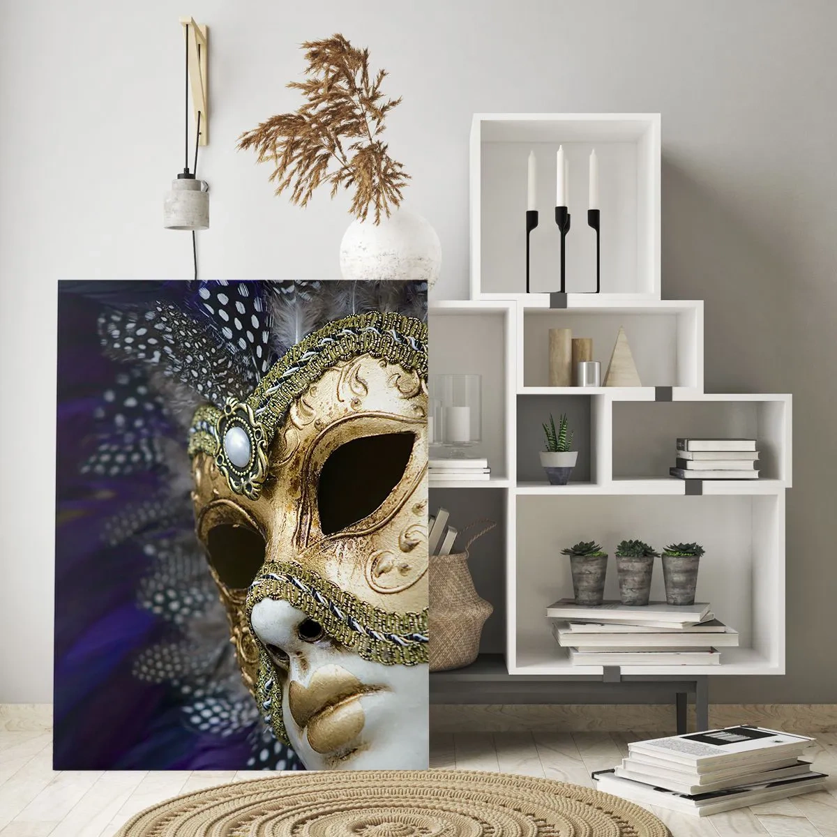 Impression sur verre - Image sur verre - Masque vénitien doré avec plumes décoratives et ornements - 70x100cm - Portrait vénitien en or - Décoration murale moderne pour le salon et la chambre ARTTOR