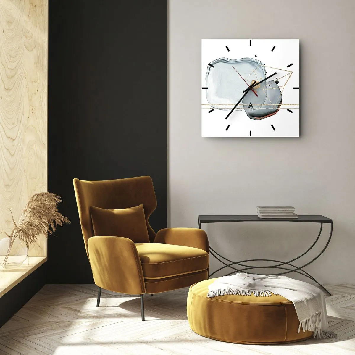 Horloge murale - Pendule murale - Formes abstraites dans des tons de bleu et d'or sur fond blanc - 30x30cm - Etude des gouttes - Décoration murale moderne pour le salon et la chambre ARTTOR
