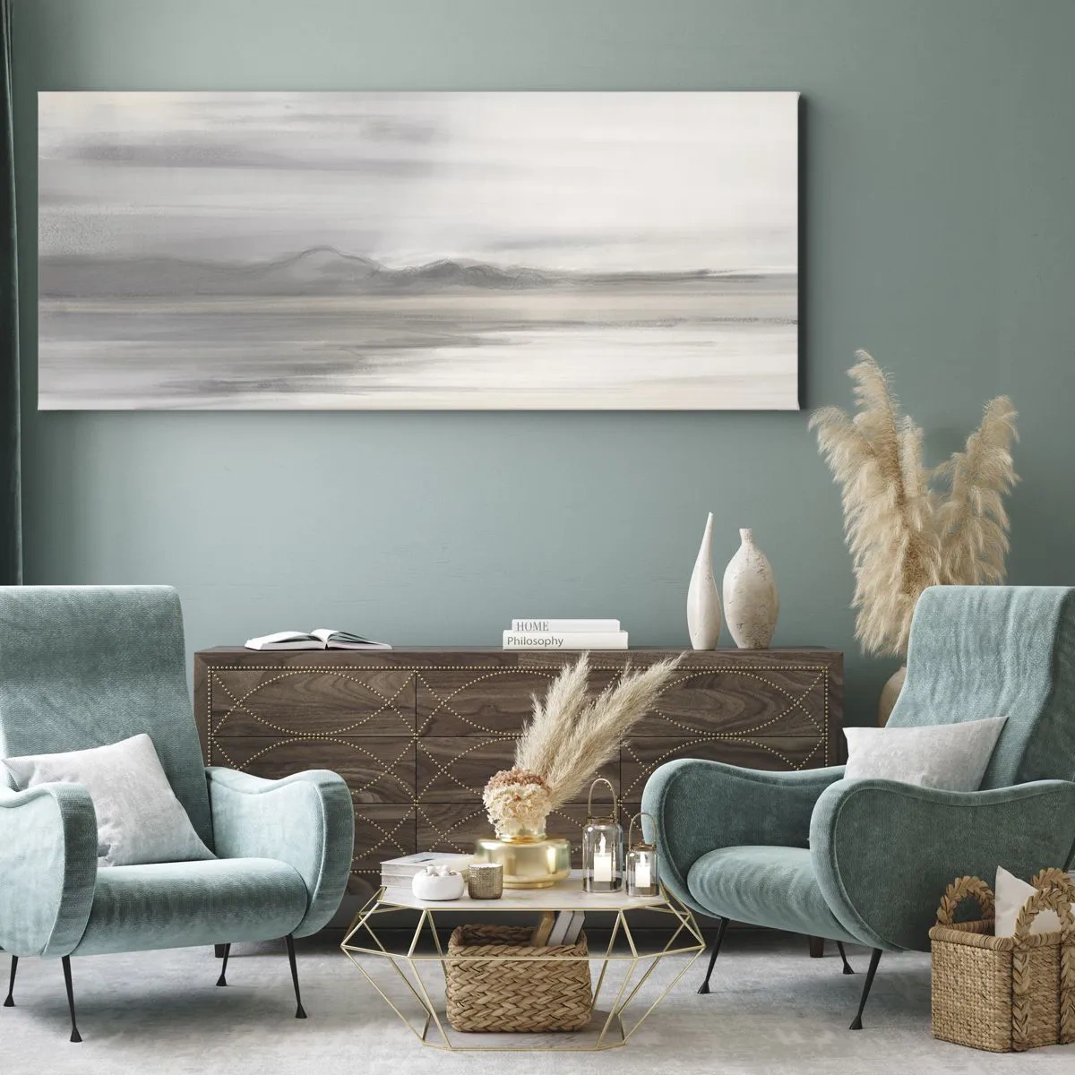 Impression sur toile - Image sur toile - Un paysage subtil aux tons gris et beige - 140x50cm - Distance réfléchie - Décoration murale moderne pour le salon et la chambre ARTTOR