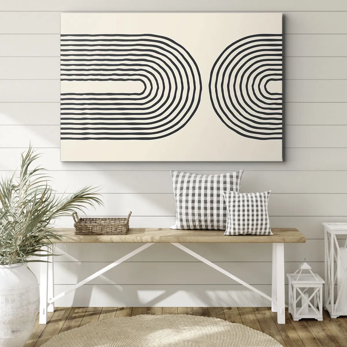 Impression sur toile - Image sur toile - Motif géométrique abstrait avec des lignes symétriques sur un fond clair - 100x70cm - Dans un instant... - Décoration murale moderne pour le salon et la chambre ARTTOR