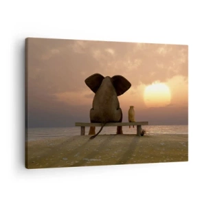 Impression sur toile - Image sur toile - Un éléphant et un chien sont assis sur un banc sur la plage au coucher du soleil. - 70x50cm - C'est bon de garder le silence ensemble - Décoration murale moderne pour le salon et la chambre ARTTOR