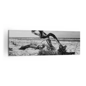 Impression sur toile - Image sur toile - Paysage noir et blanc avec un arbre mort sur la plage - 160x50cm - Sculpture marine - Décoration murale moderne pour le salon et la chambre ARTTOR